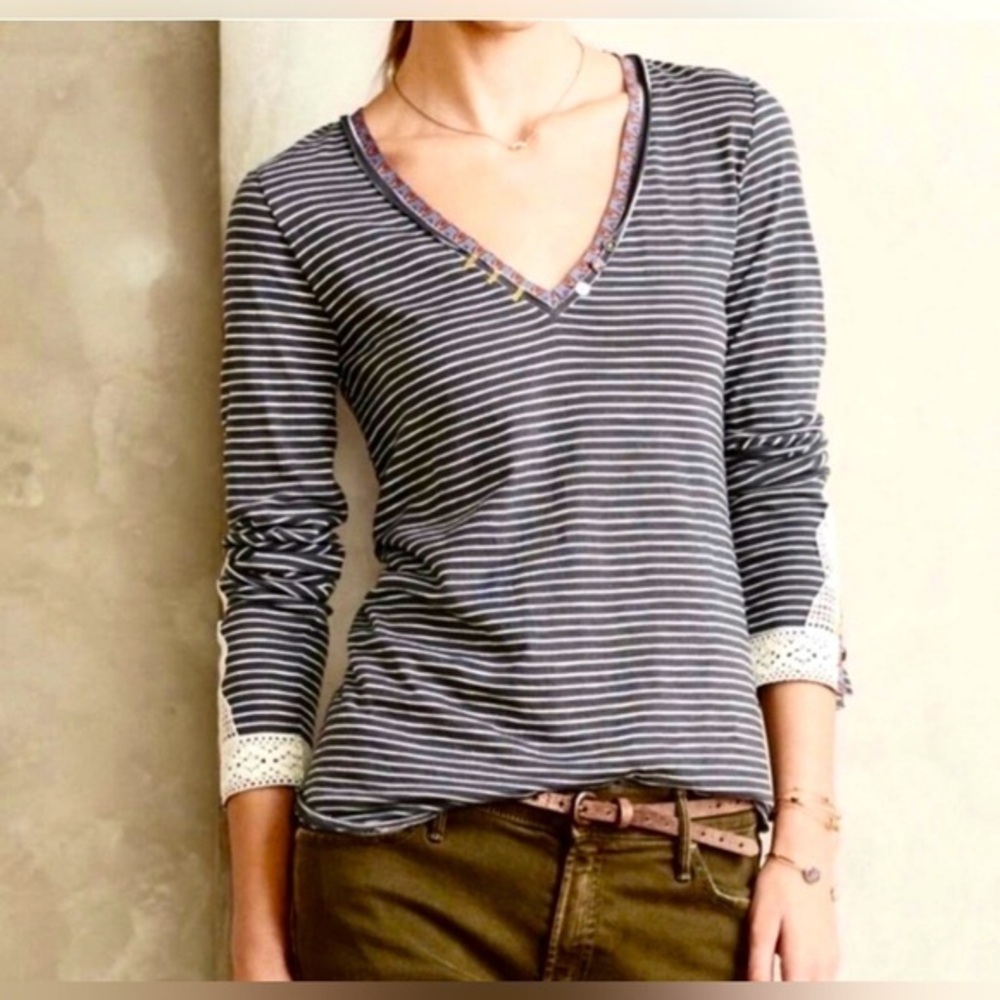Anthropologie Little Yellow Button Striped Long Sleeve Crochet Detail Top